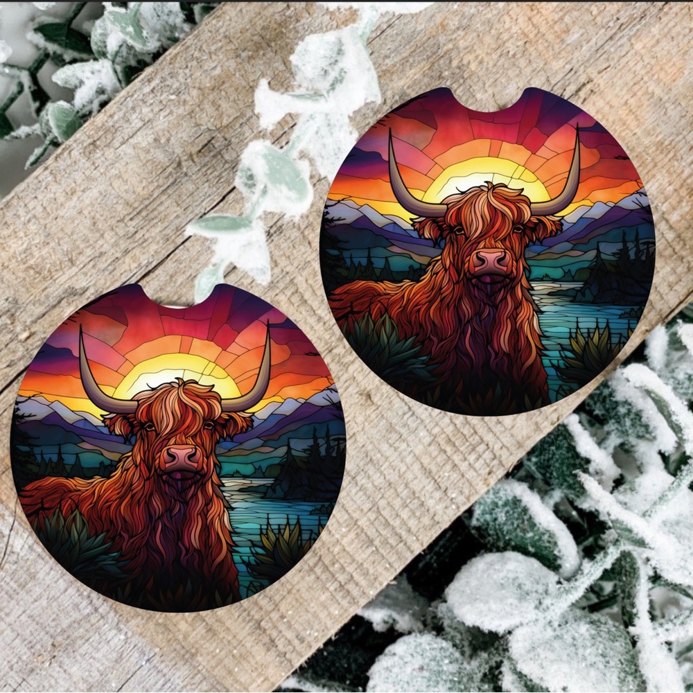 Handmade Highland Cow Car Coasters | New Set Of Two Car Coasters